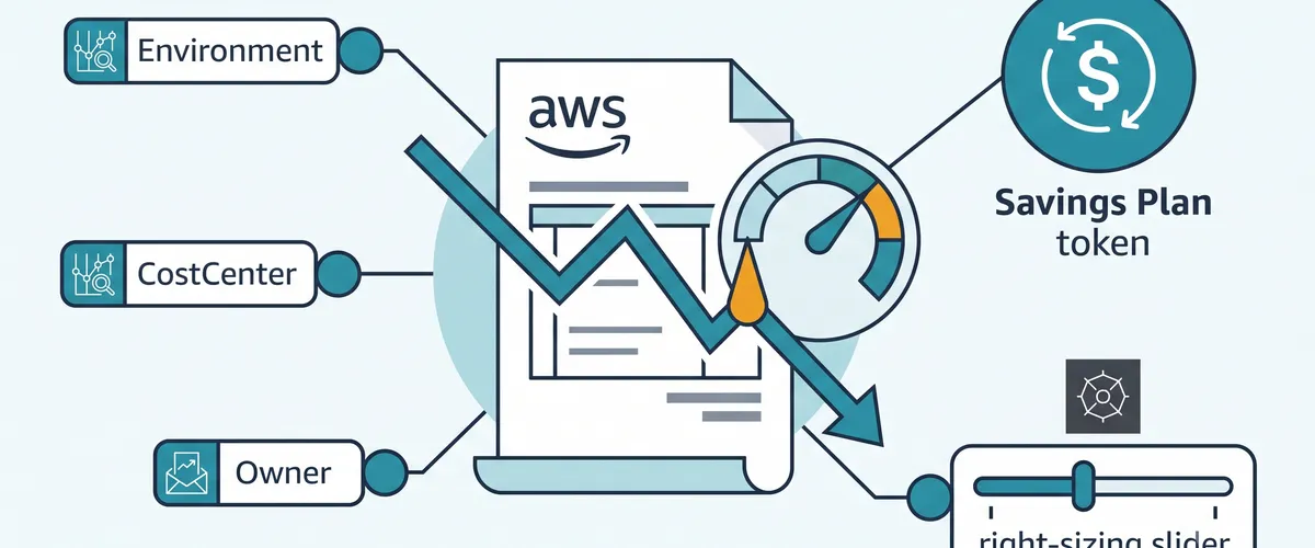 Blog post image for Cutting a SaaS AWS Bill 41% Without Slowing Delivery - A FinOps case study on a SaaS running on EKS with full GitOps and progressive delivery: how tagging, right-sizing node groups, and Savings Plans matched to the roadmap cut the AWS bill without freezing feature work.